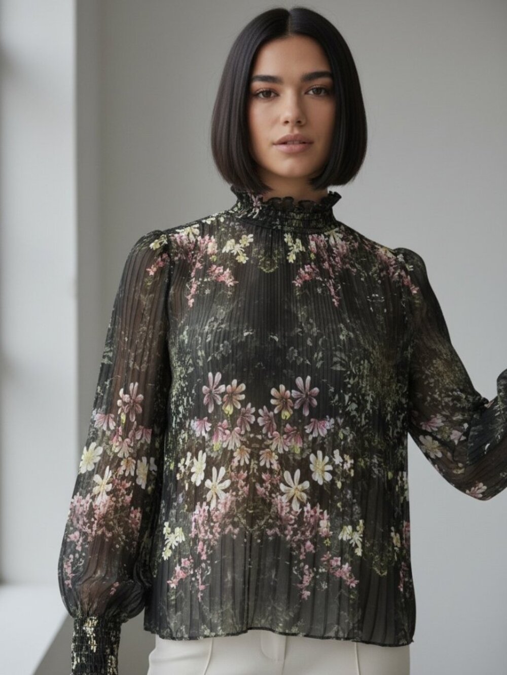 All Saints Cora Ophelia Pleated Floral Blouse Top US 2 XS Dark Floral Fairy